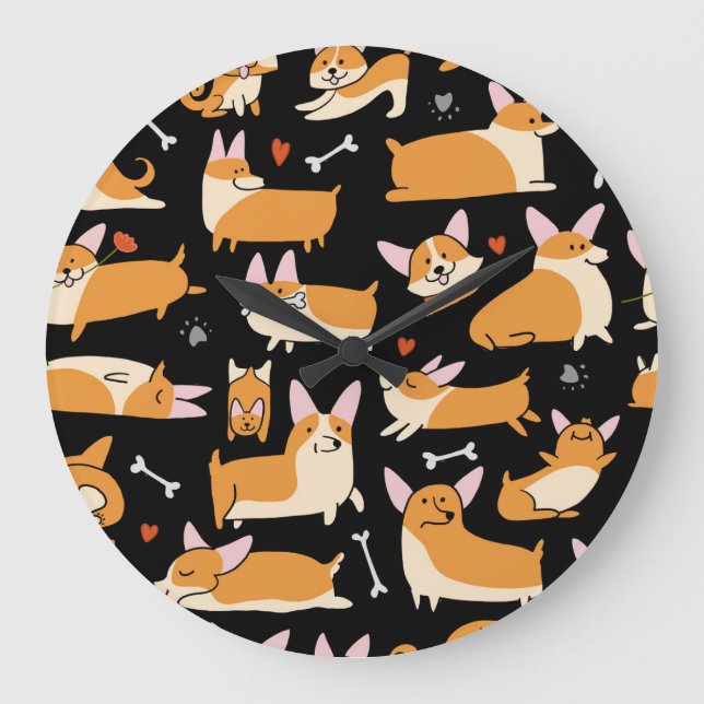Corgi Dogs, Cute Seamless Background. Large Clock (Front)