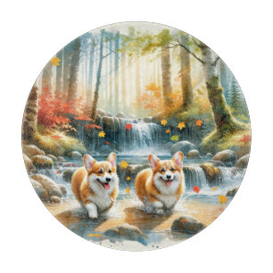 Corgi Dogs In A Woodland Stream With Fall Colours Cutting Board