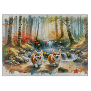 Corgi Dogs In A Woodland Stream With Fall Colours Cutting Board