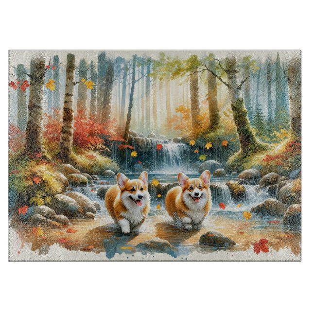 Corgi Dogs In A Woodland Stream With Fall Colours Cutting Board (Front)