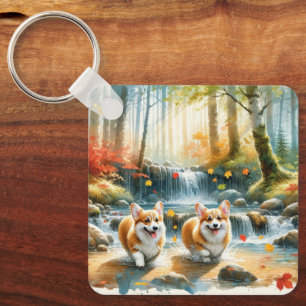 Corgi Dogs In A Woodland Stream With Fall Colours Key Ring