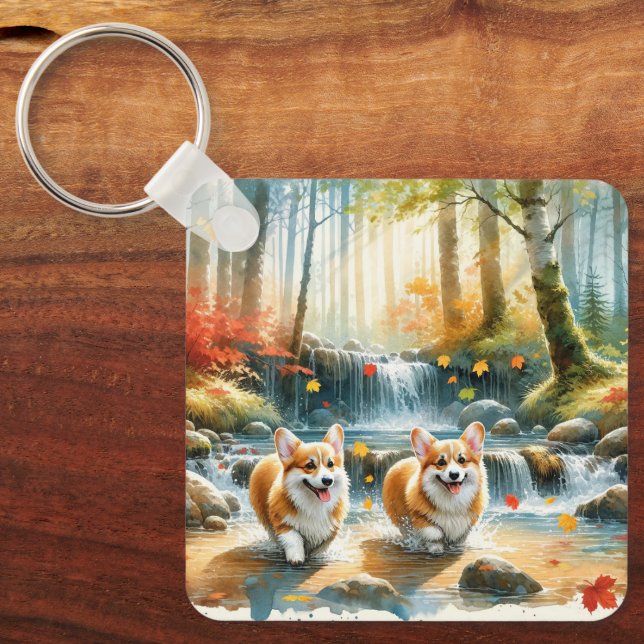 Corgi Dogs In A Woodland Stream With Fall Colours Key Ring (Front)