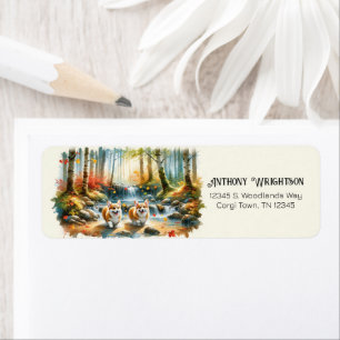 Corgi Dogs In A Woodland Stream With Fall Colours Return Address Label