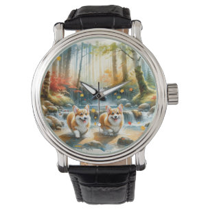 Corgi Dogs In A Woodland Stream With Fall Colours Watch