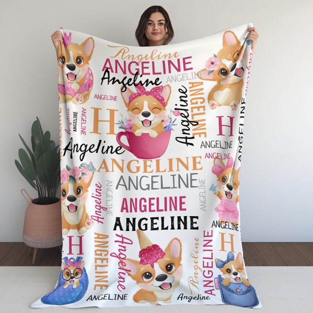 Corgi Dogs Personalised Name Collage Fleece Blanket (Corgi Dogs Personalized Name Collage Fleece Blanket)