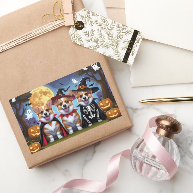 Corgi Dogs Pumpkin Halloween Funny Rectangular Sticker (Gifting)