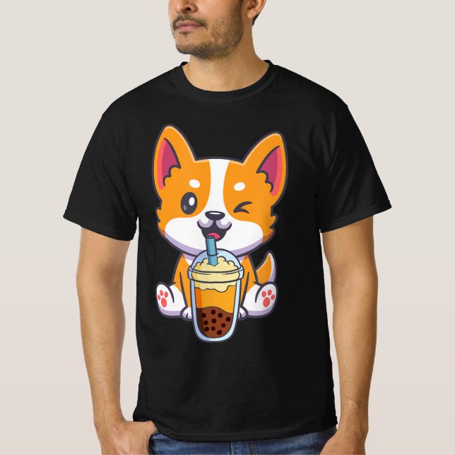Corgi Drinking Boba Bubble Tea Drink Dog Anime Kaw T-Shirt (Front)