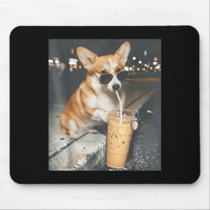 Corgi drinking iced coffee funny animal meme corgi mouse pad