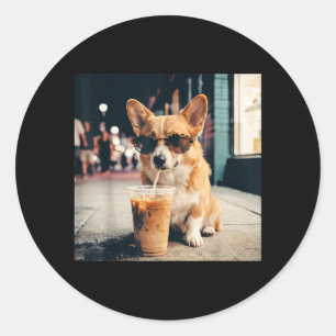 Corgi Drinking Iced Coffee Funny Dog Meme Classic Round Sticker
