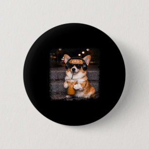Corgi drinking iced coffee lover humour funny meme 6 cm round badge