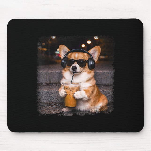 Corgi drinking iced coffee lover humour funny meme mouse pad (Front)