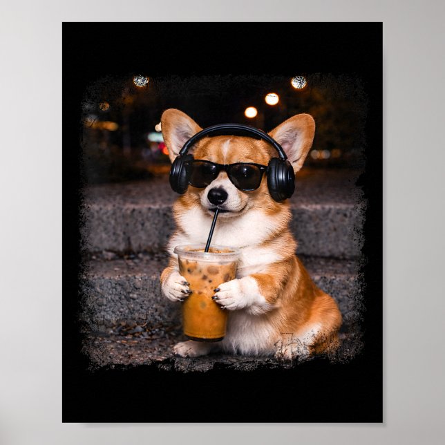 Corgi drinking iced coffee lover humour funny meme poster (Front)