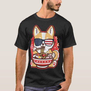 Corgi Eating Ramen Anime American Flag USA Funny 4 T-Shirt