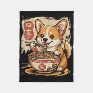 Corgi Eating Ramen  Fleece Blanket