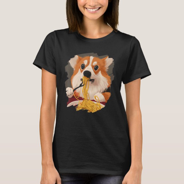 Corgi Eating Spaghetti Pasta Funny Dog Italian Foo T-Shirt (Front)