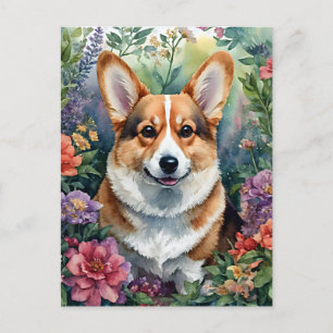 Corgi Floral Watercolor Portrait Postcard