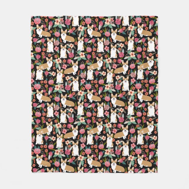 Corgi florals black fleece blanket (Front)