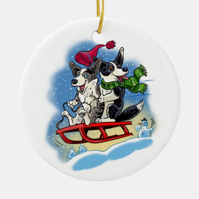 Corgi fun in the snow ceramic ornament (Front)