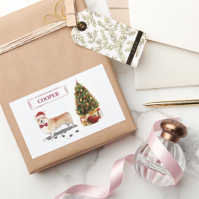 Corgi Funny Christmas Dog with Tree Rectangular Sticker (Gifting)