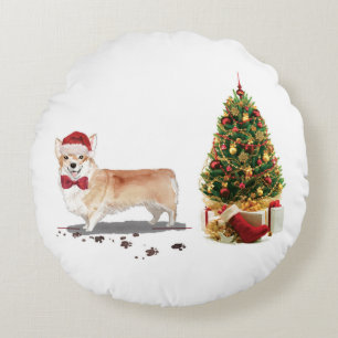 Corgi Funny Christmas Dog with Tree Round Cushion
