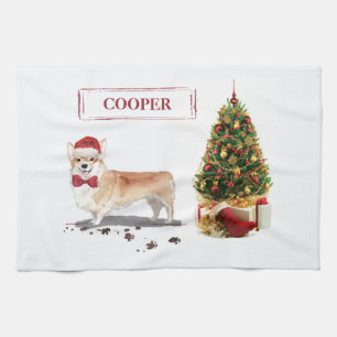 Corgi Funny Christmas Dog with Tree Tea Towel
