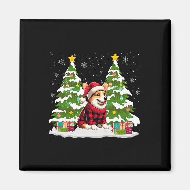 Corgi Funny Christmas Tree Lights Santa Hat Snowfl Magnet (Front)