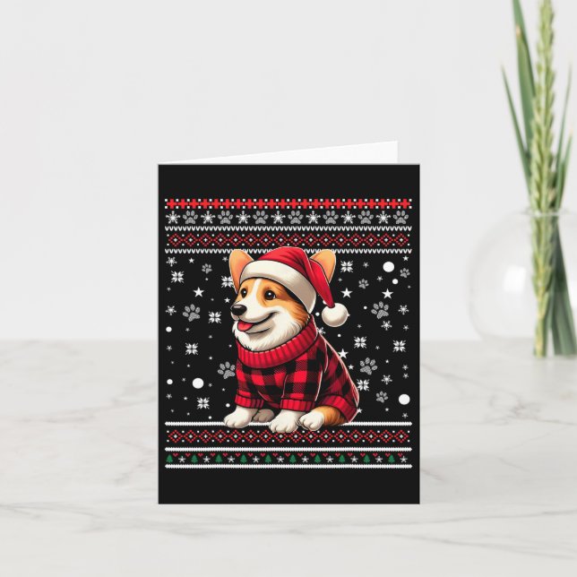 Corgi Funny Ugly Buffalo Plaid Santa Hat Christmas Card (Front)