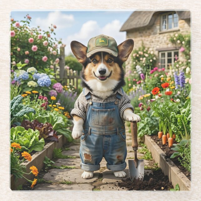Corgi Gardener Glass Coaster (Front)