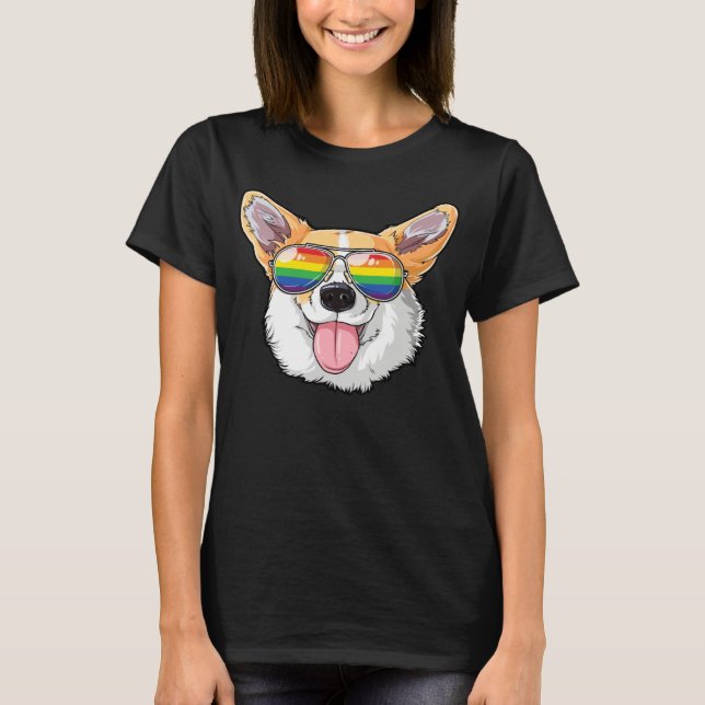Corgi Gay Pride LGBT Rainbow Flag Sunglasses LGBTQ T-Shirt (Front)