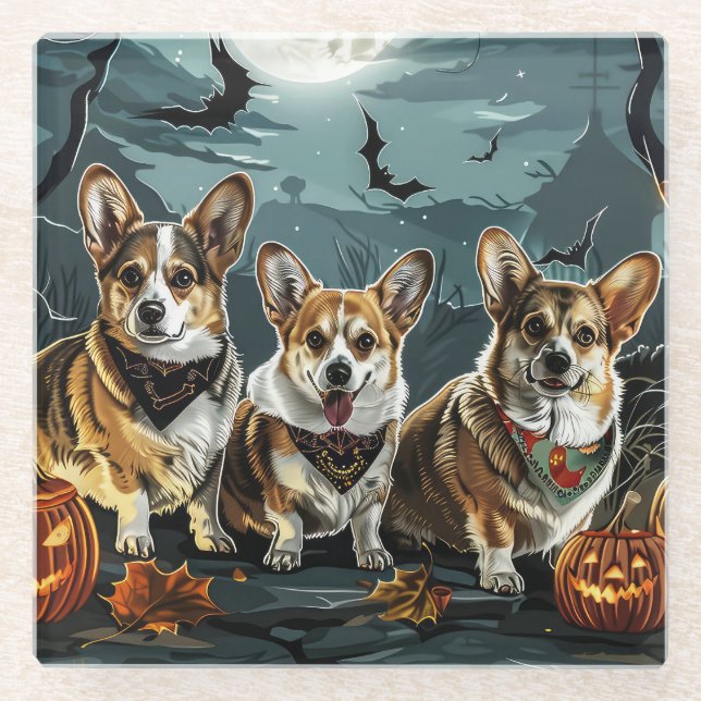 Corgi Halloween Spooky Glass Coaster (Front)