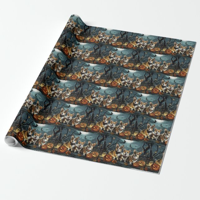 Corgi Halloween Spooky Wrapping Paper (Unrolled)