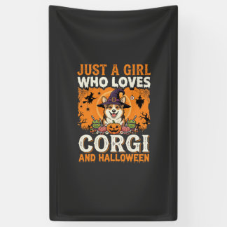 Corgi Halloween Witch Girl Vintage Horror Banner