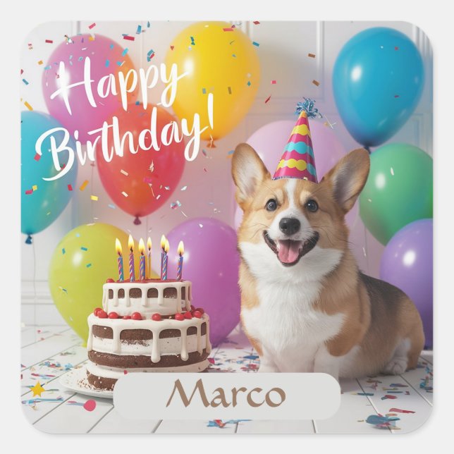 Corgi Happy Birthday Square Sticker (Front)