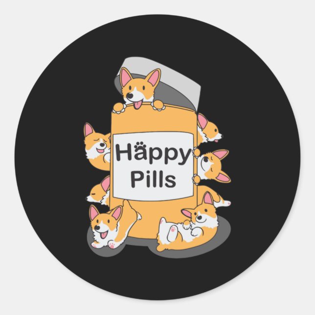 Corgi Happy Pills Classic Round Sticker (Front)