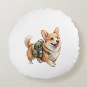 Corgi Hiking Adventure Watercolor Round Pillow 
