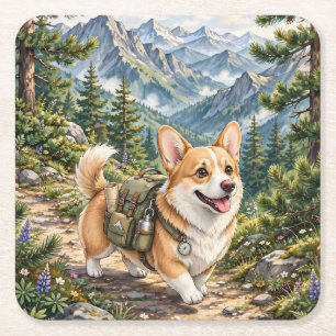 Corgi Hiking in Mountains Watercolor Square Paper Coaster