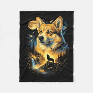 Corgi Howling to The Moon Vintage 90s Funny Dog Fleece Blanket