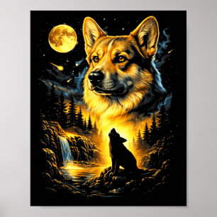 Corgi howling to the moon vintage 90s funny dog poster