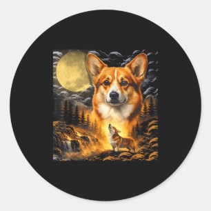 Corgi howling to the moon, vintage moon 90s animal classic round sticker