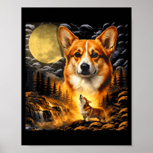 Corgi howling to the moon, vintage moon 90s animal poster