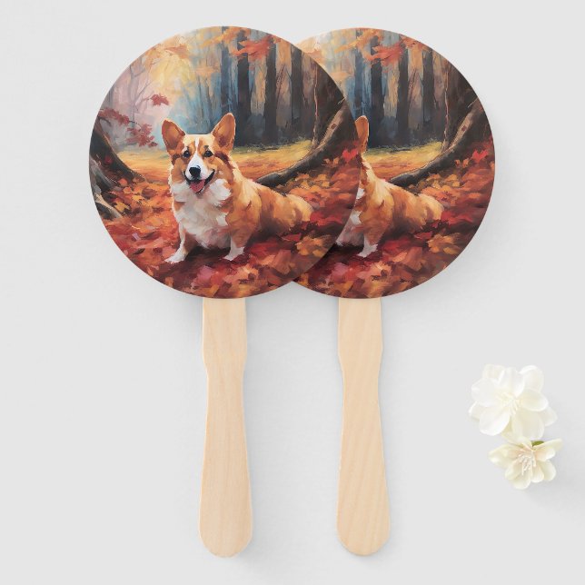 Corgi in Autumn Leaves Fall Inspire Hand Fan (Front and Back)