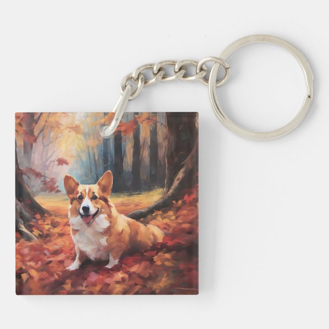 Corgi in Autumn Leaves Fall Inspire Key Ring (Back)