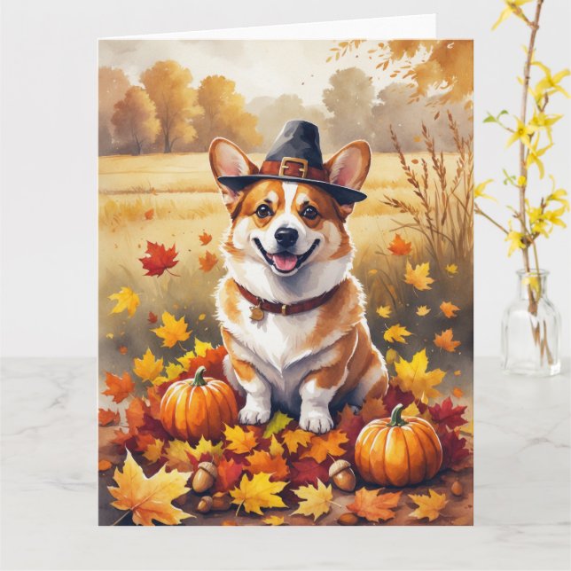 Corgi In Autumn Leaves Thanksgiving Art Card (Yellow Flower)