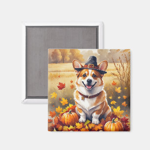 Corgi In Autumn Leaves Thanksgiving Art Magnet