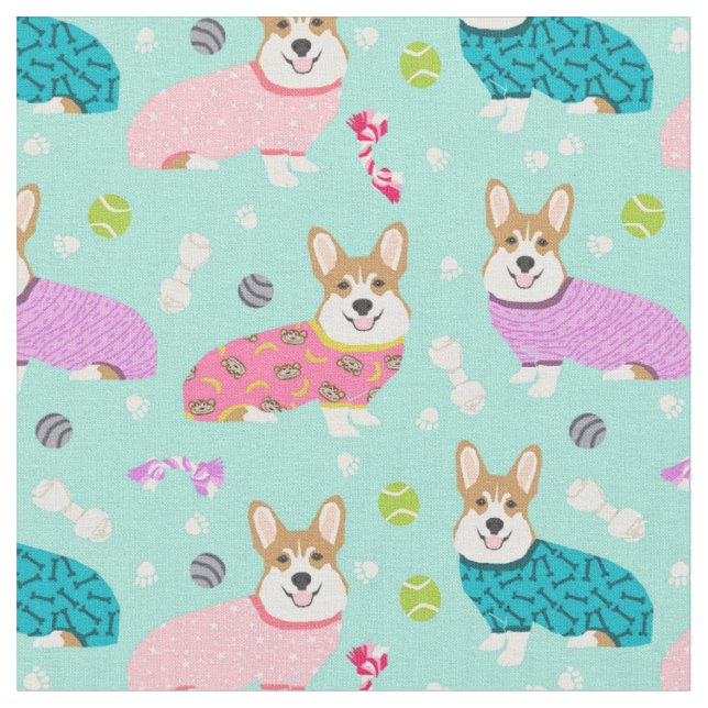 corgi in pjs mint fabric (Close Up)