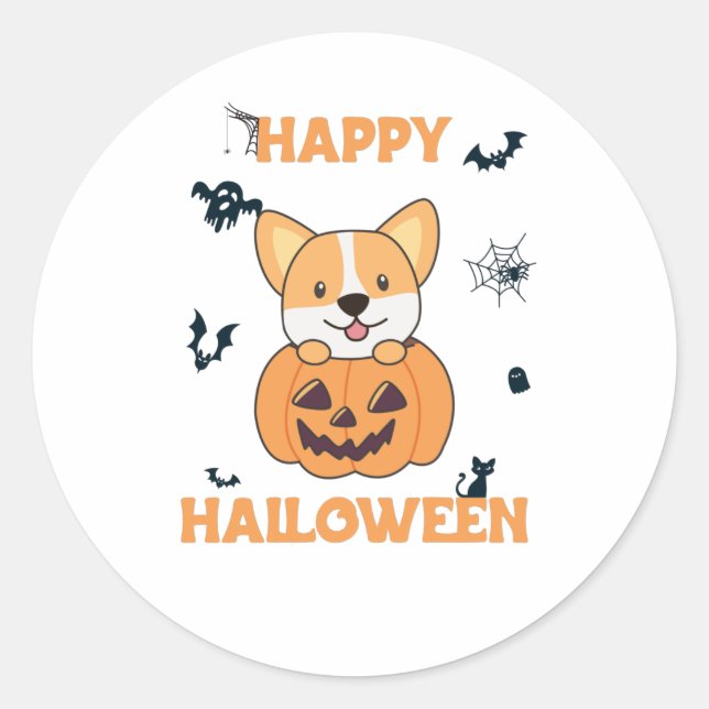 Corgi In Pumpkin Cute Dogs Happy Halloween Classic Round Sticker (Front)