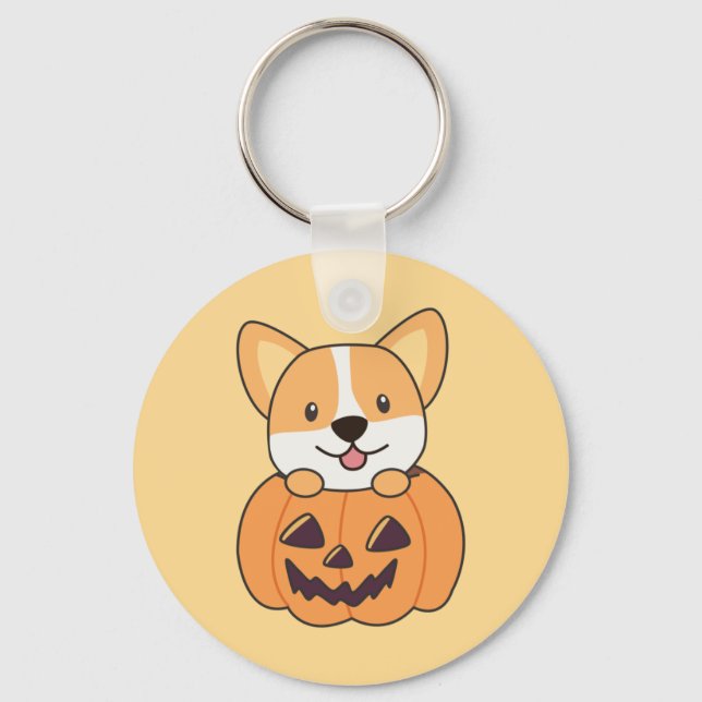 Corgi In Pumpkin Cute Dogs Happy Halloween Keychai Key Ring (Front)