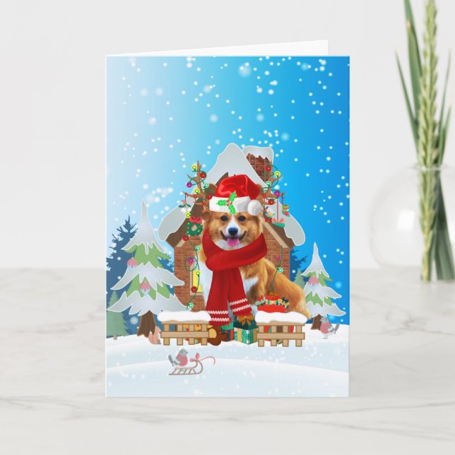 Corgi in snow with Christmas gifts Card (Front)