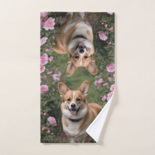 Corgi In The Pink Roses, Hand Towel