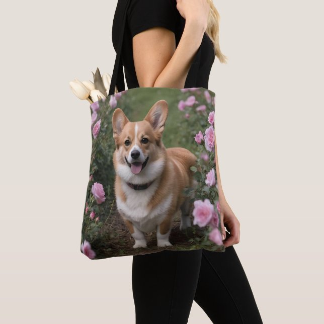 Corgi In The Pink Roses,  Tote Bag (Close Up)